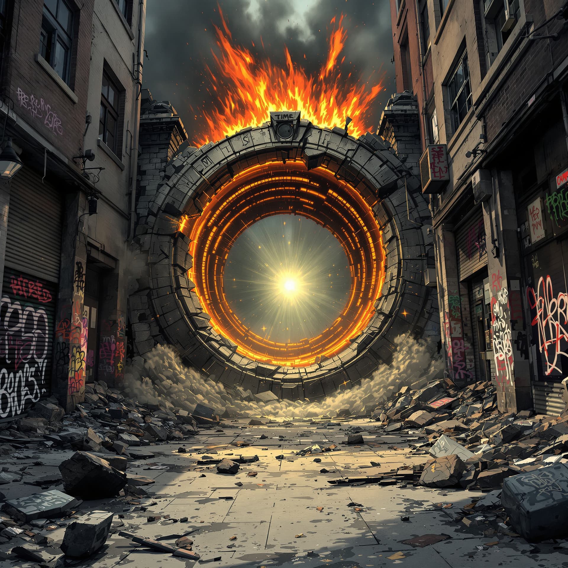 AI generated: A gritty, hyperrealistic illustration of a time portal with a little energy erupting around it rippi...
