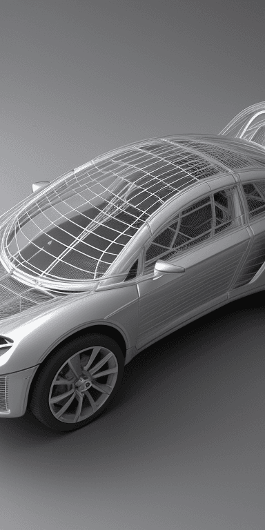 AI generated: A futuristic car wireframe model viewed from a high angle, with sleek, silver lines , transparent ba...