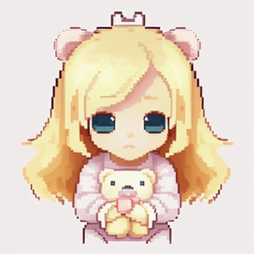 AI generated: "Create a pixel chibi-style illustration of an adorable baby girl with blonde hair, wearing a cute o...