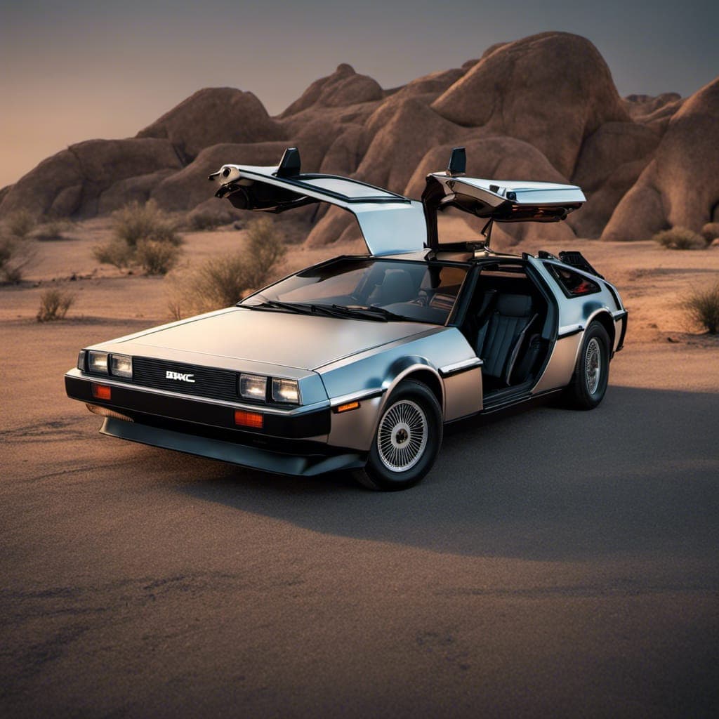 AI generated: DMC Delorean, (detailed stunning environment), cinematic, cover art, (low front angle), full view of...