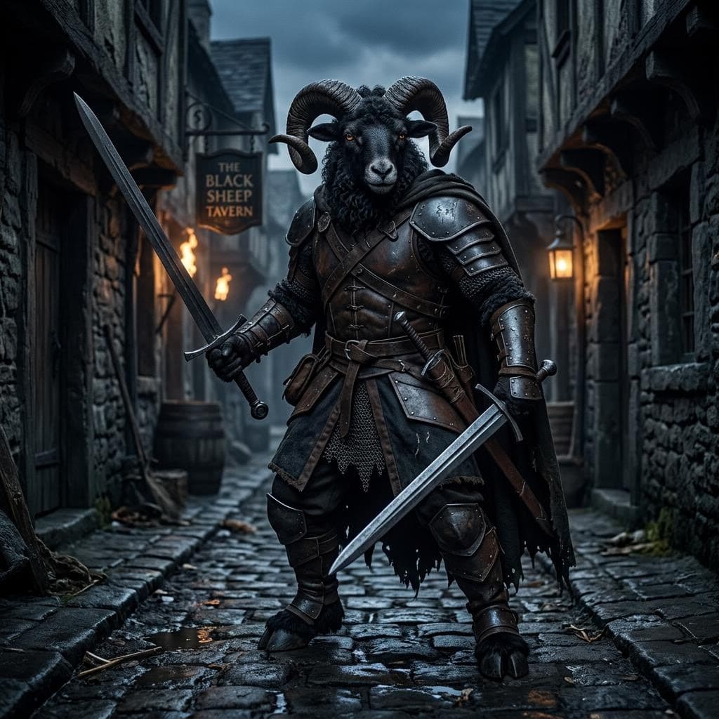 AI generated: anthropomorophic ram man wearing dark leather armor, holding a longsword in one hand and a short swo...