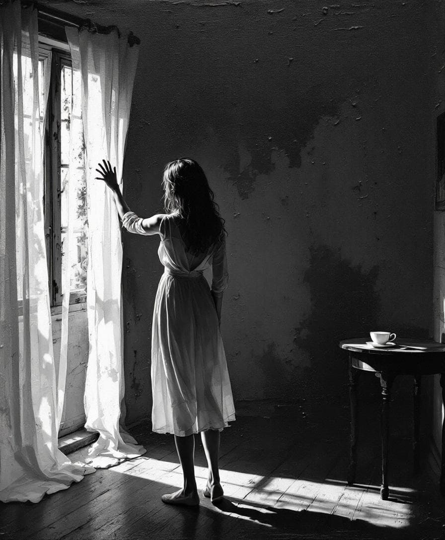 AI generated: A poetic grayscale 3D impasto-style painting. A woman standing alone in a room filled with light and...