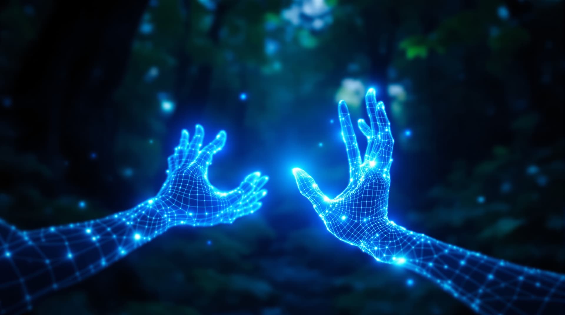 AI generated: A digital 4K  image of two ethereal glowing blue hands reaching towards each other in a mystical for...