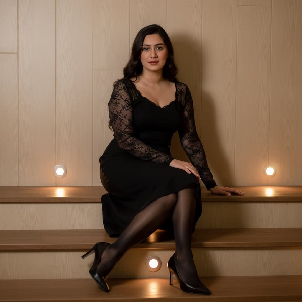 AI generated: A young woman with long, dark brown hair is seated on wooden steps in a dimly lit, intimate setting....