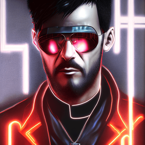 AI generated: cyberpunk, priest, man wearing leather coat and aviator sunglasses, look into you, black short hair,...