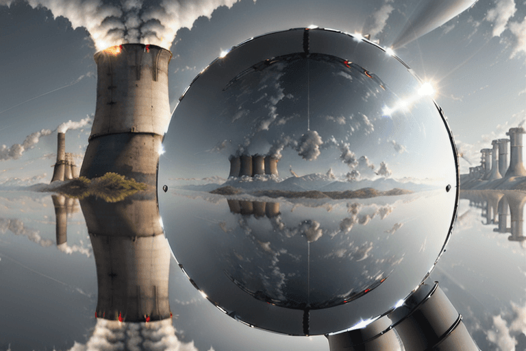 AI generated: a power plant reflect in the reflective surface of a chrome sphere --ar 16:9