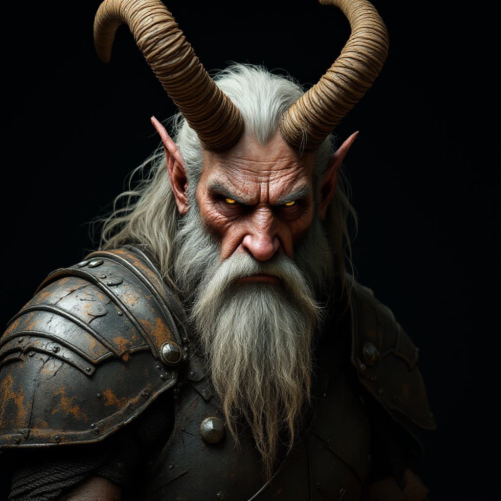 AI generated: Create an image of an elderly centaur, a powerful and wise figure with a heavily worn and battle-sca...