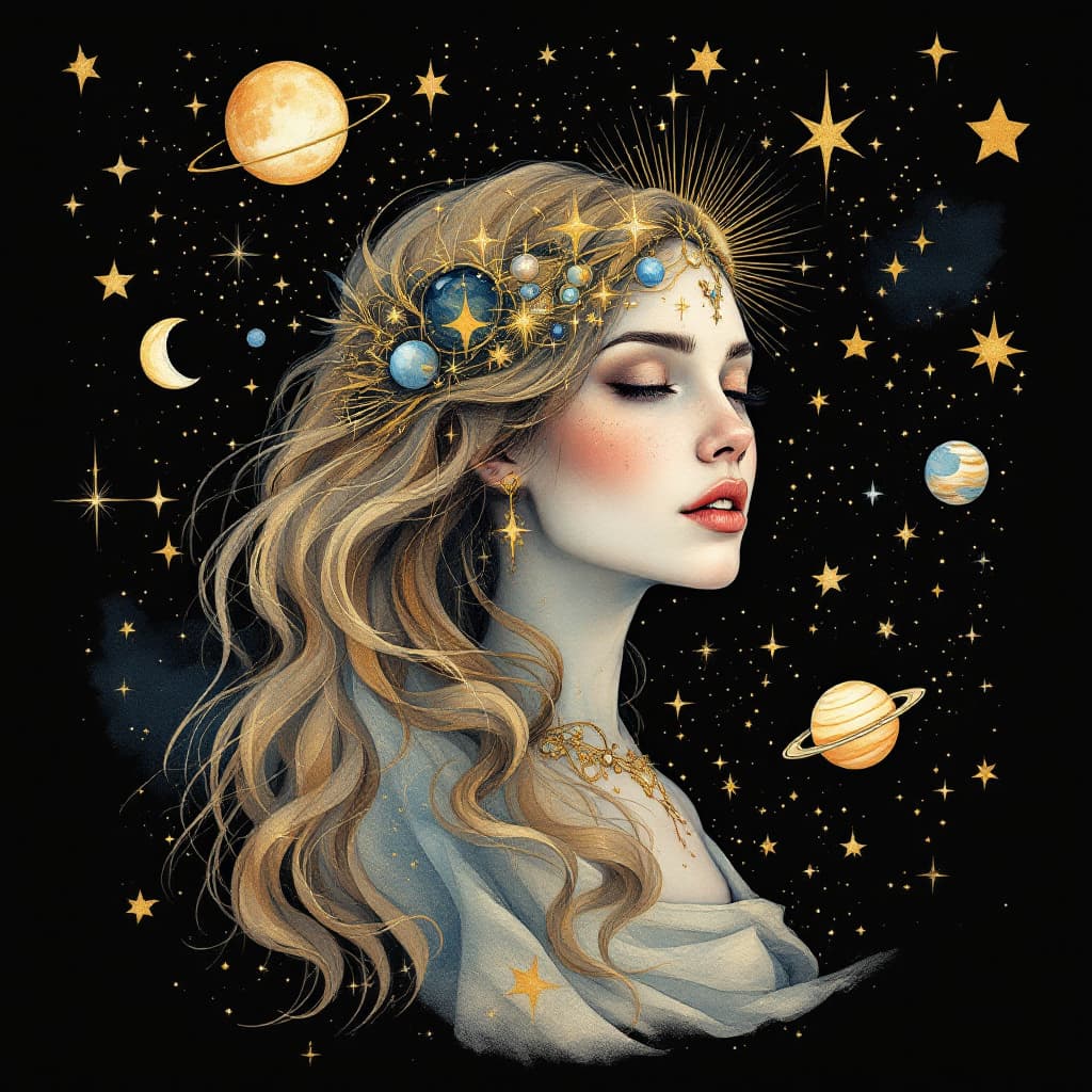 AI generated: watercolor style, celestial women on black background with golden celestial elements stars moon plan...