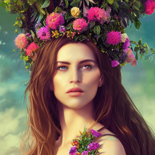 AI generated: hyperrealistic full length portrait of gorgeous goddess | standing in field full of flowers | detail...