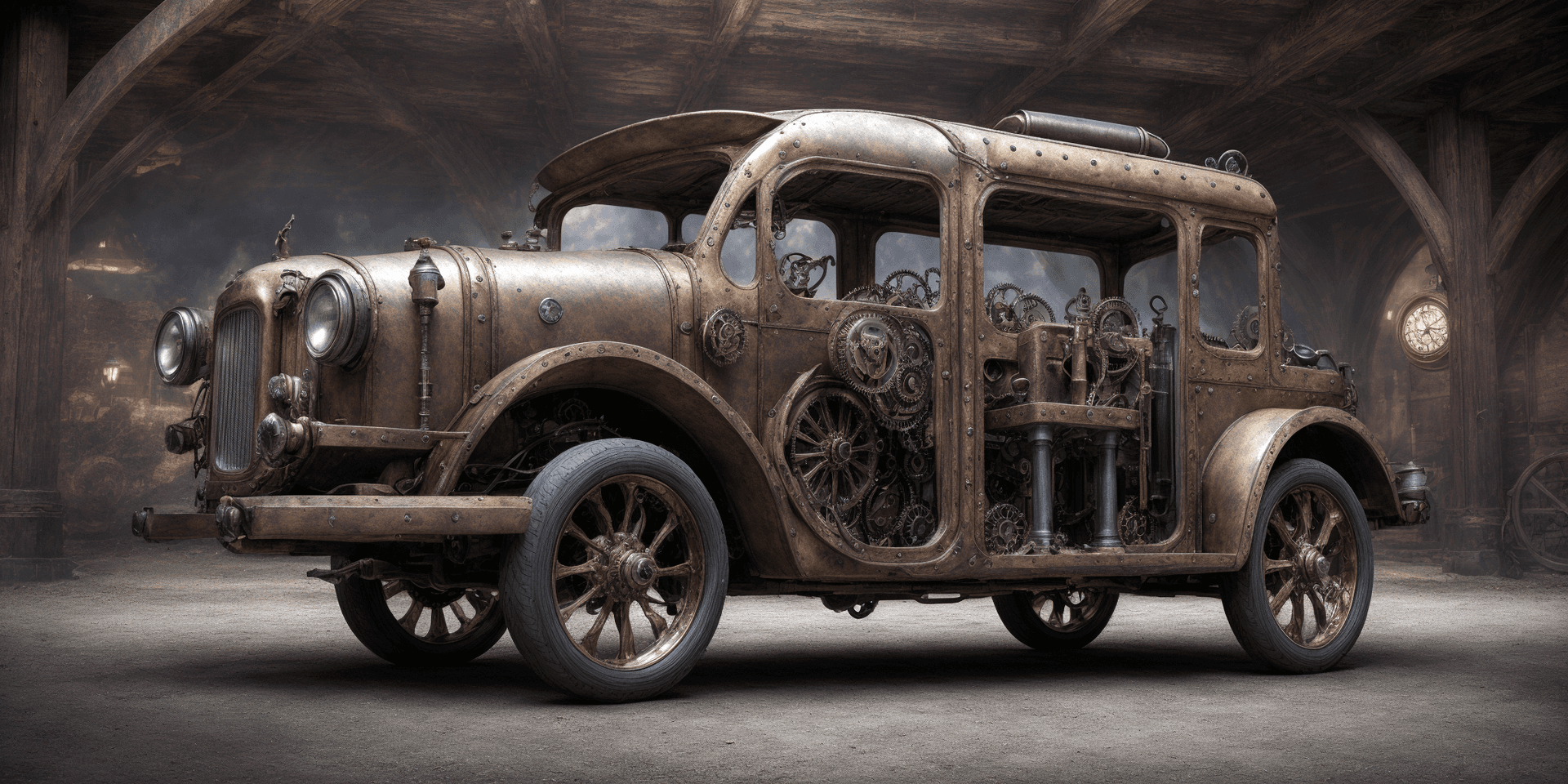 AI generated: steampunk automotive, vehicle, phantasy car