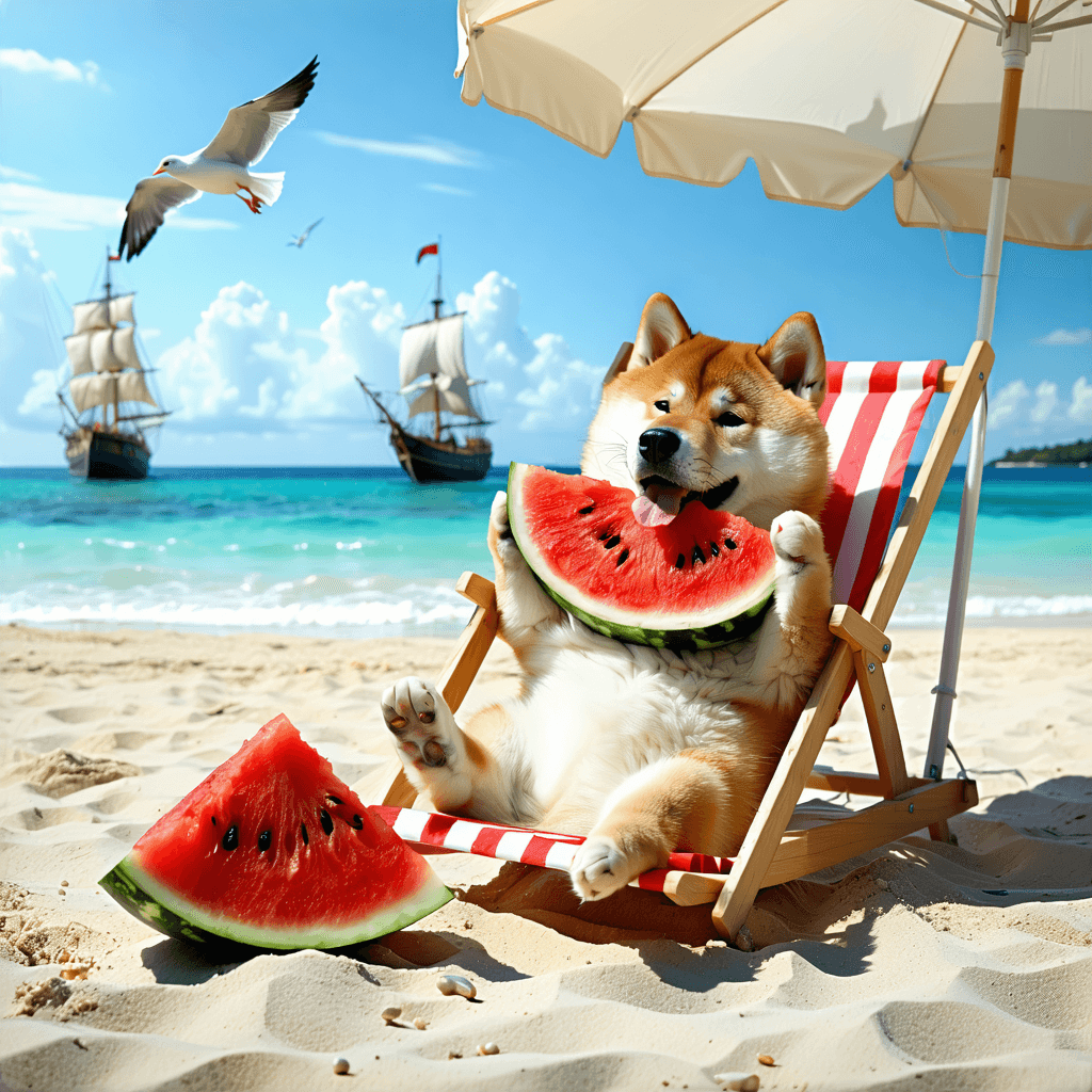 AI generated: A realistic photograph shows a chubby, adorable Shiba Inu lounging lazily on a sun-drenched beach ch...