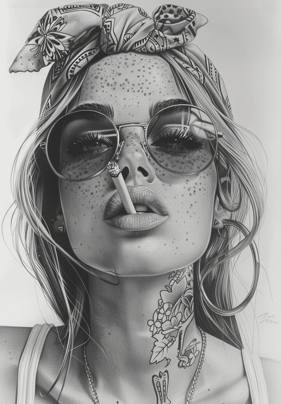 AI generated: detailed black and white drawing of an attractive woman with freckles, wearing large round glasses, ...