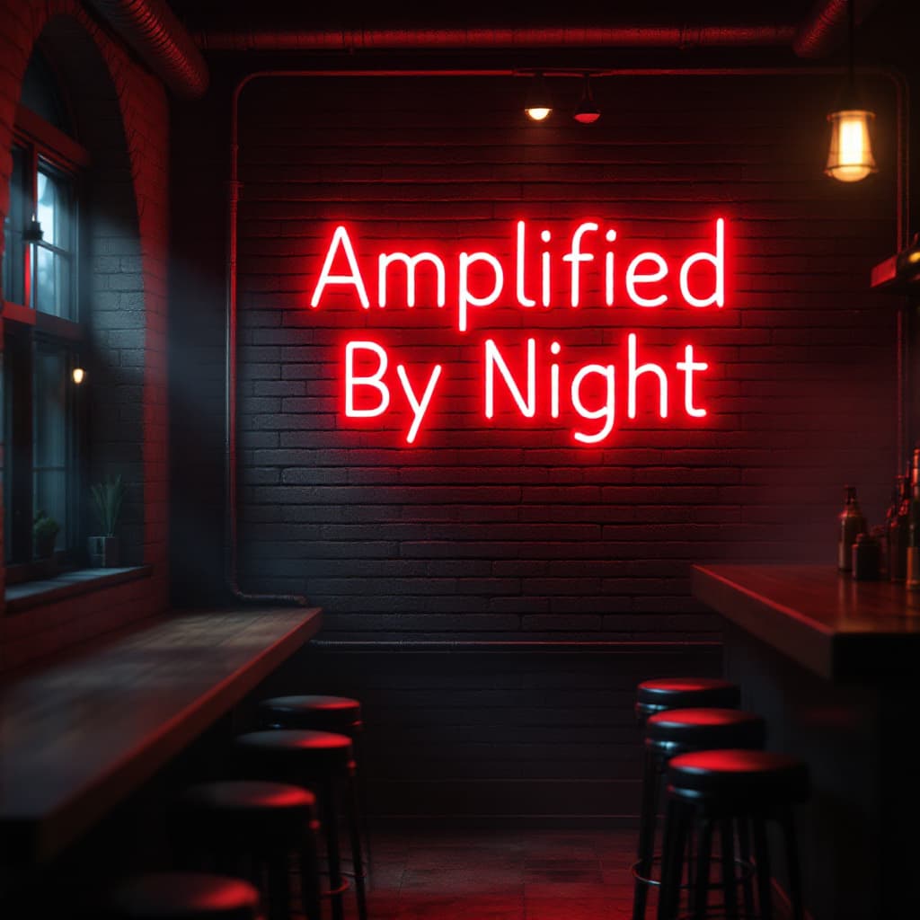 AI generated: A hyperrealistic 1980s-style cinematic scene set in a dimly lit, industrial-chic bar with textured, ...