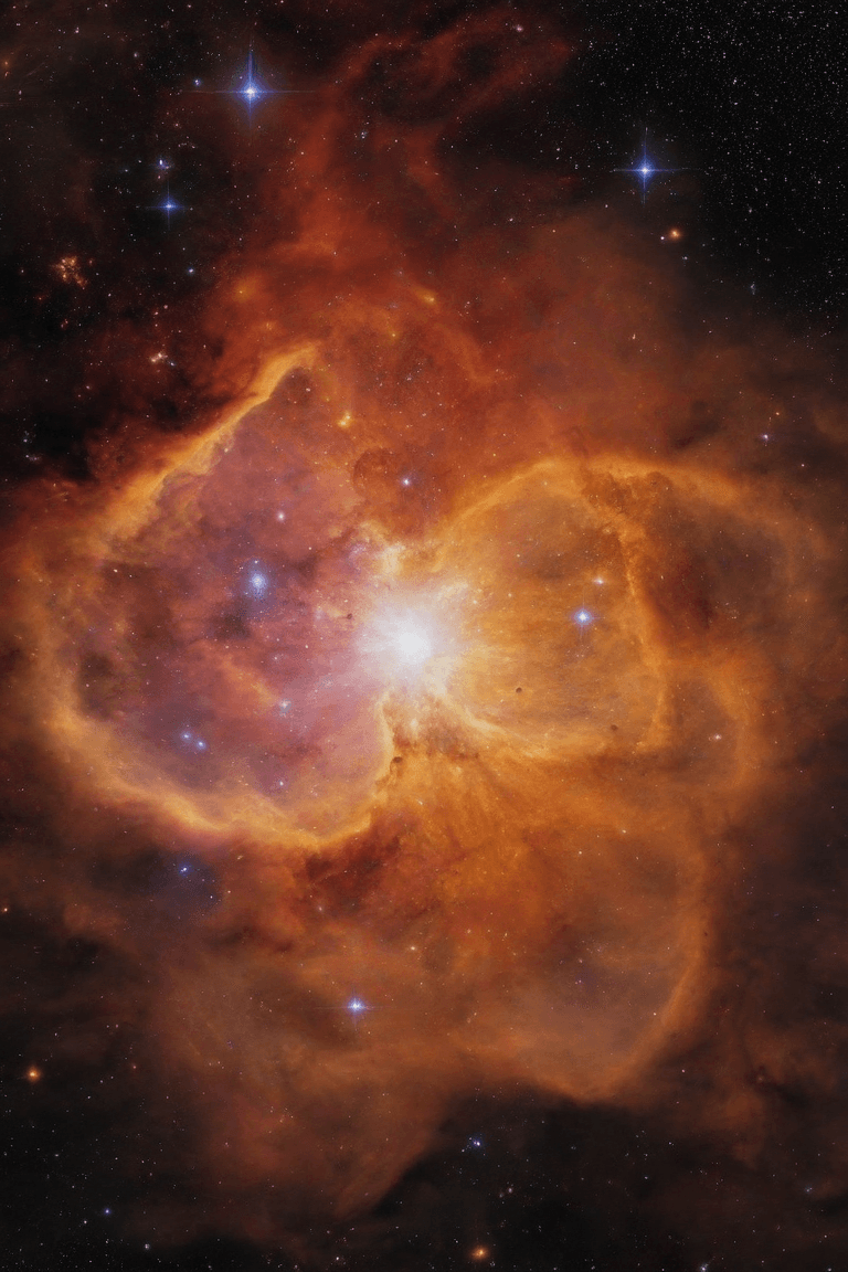AI generated: A dense nebula filled with glowing gas clouds of red, orange, and yellow hues, illuminated by a near...
