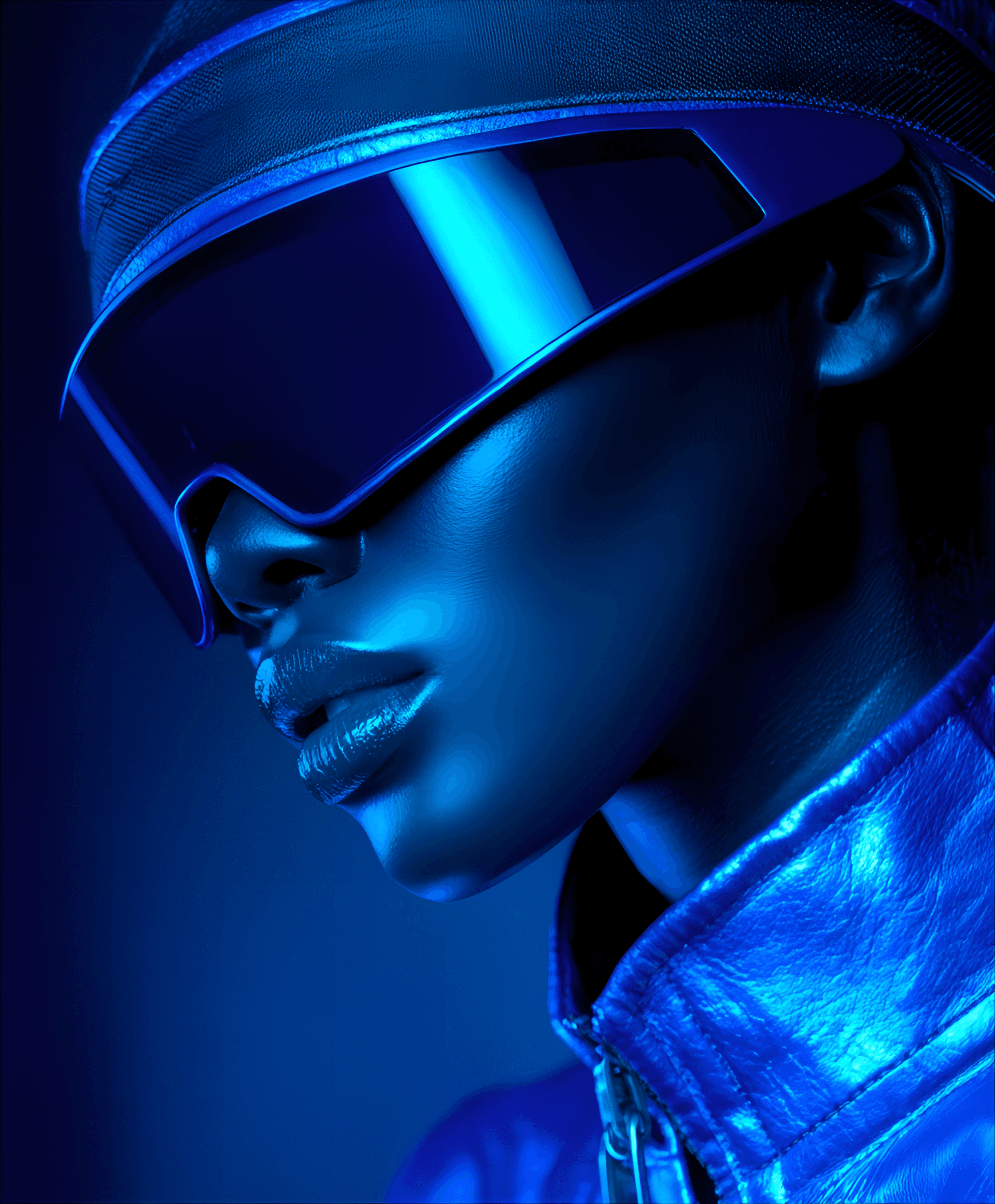 AI generated: low-angle, profile portrait. Dominant use of cool tones model has dark skin, wearing ultramarine blu...
