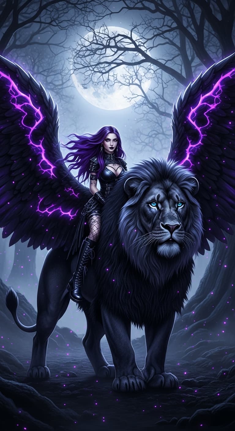 AI generated: A full body shot of a strong, fierce black lion, its fur with a slight blue tinge, and large outstre...
