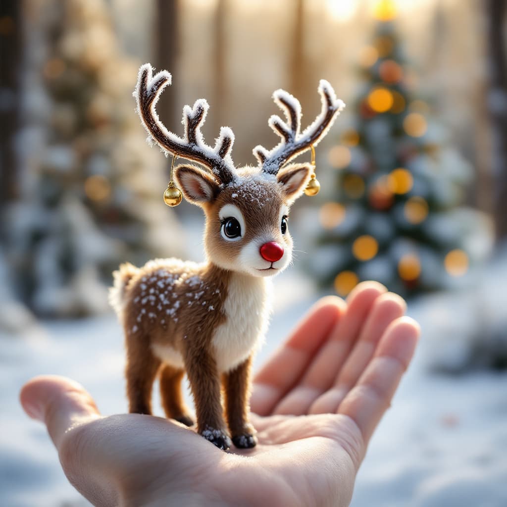 AI generated: A small reindeer with a shiny red nose stands, barely visible in the palm of your hand, with tiny ba...
