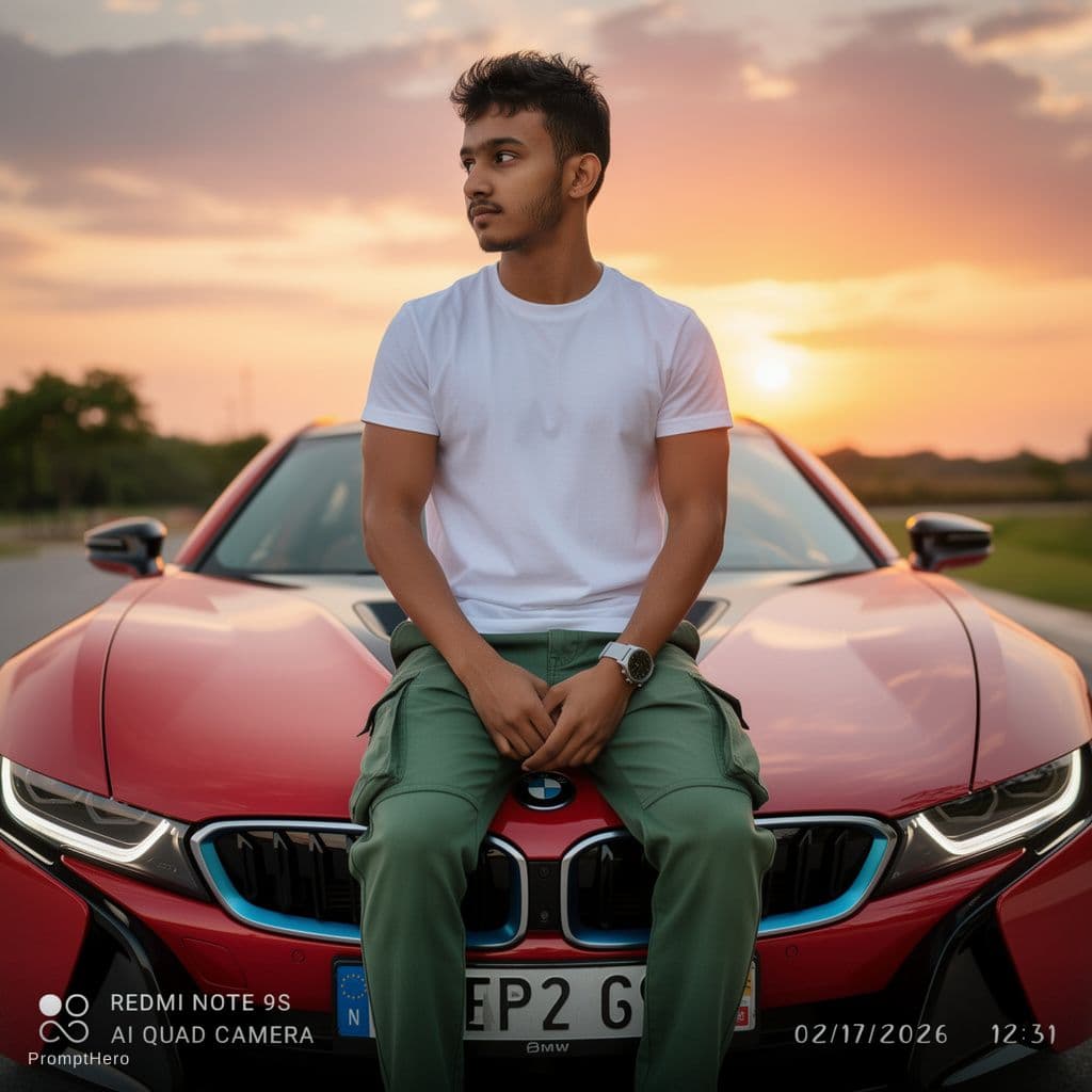 AI generated: I wante the boy site on the BMW I8 car bonnet.the car is red color.the nice sun set wante background...