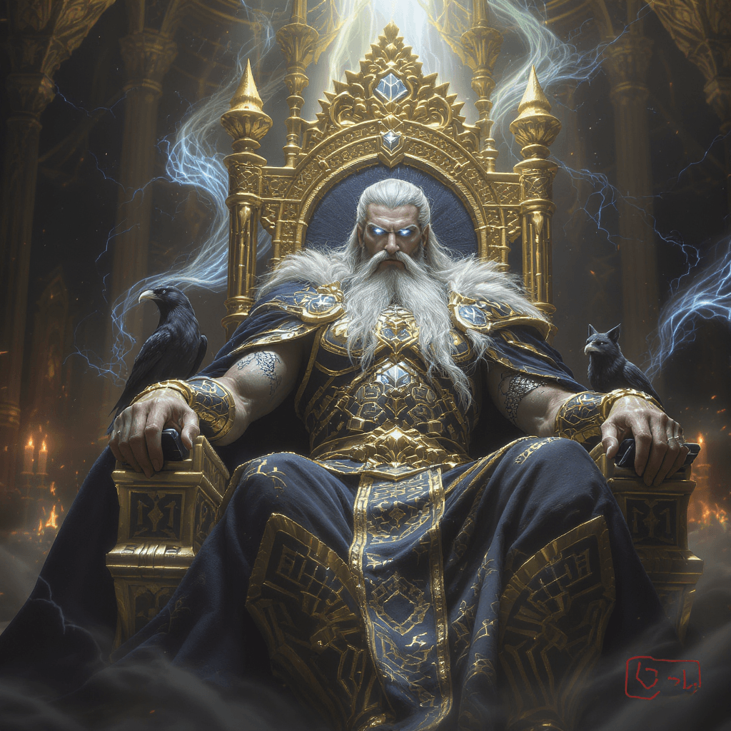AI generated: A majestic and grand depiction of Odin, the father of Norse mythology, sitting on his lofty golden t...