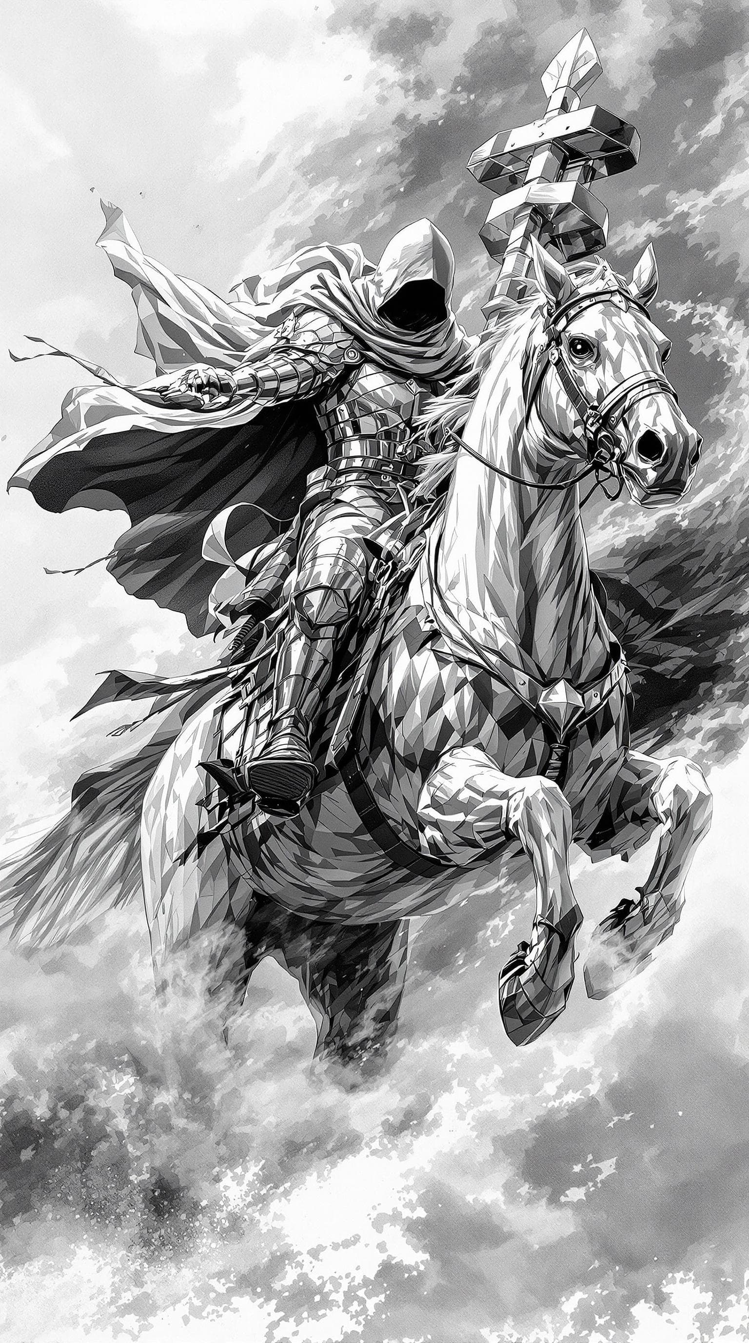 AI generated: Black and white art of a hooded knight riding his horse in full gallop, smoke around him, detailed, ...