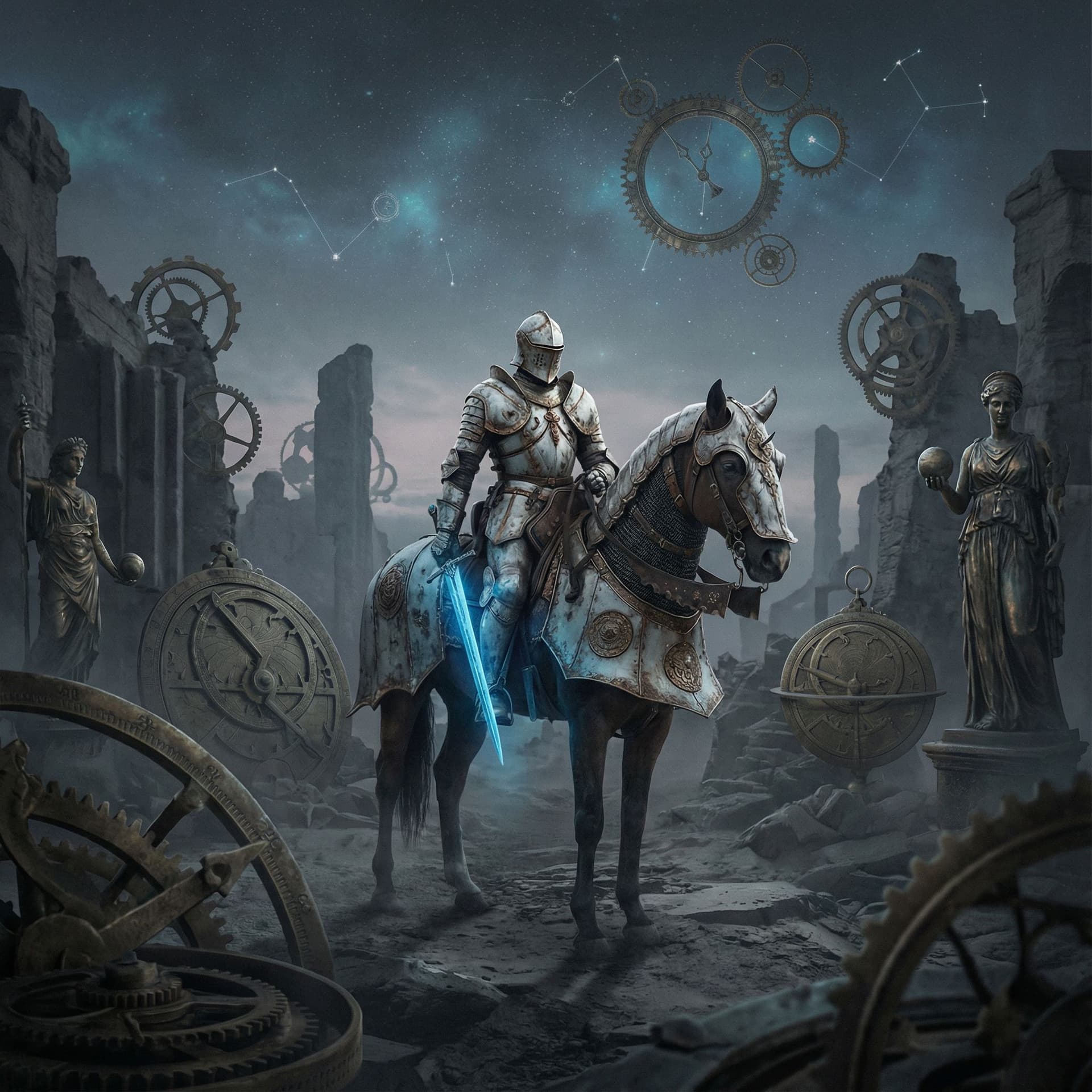 AI generated: dark knight in white armor with a sword, in the style of dark gray and azure, elaborate artistic env...