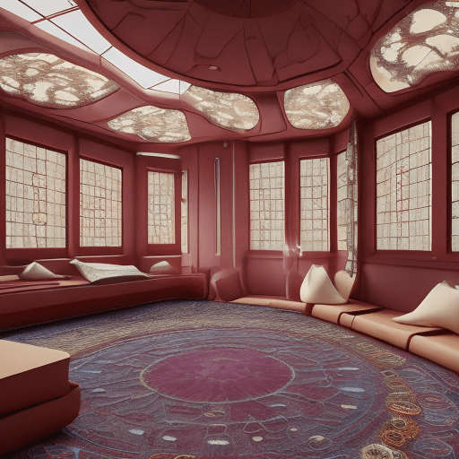 AI generated: High-resolution photography exterieur of a spaceship where monks in dark burgundy red robes are medi...