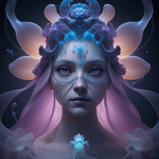 AI generated: Goddess close-up portrait ribcagel. jellyfish phoenix head, nautilus, orchid, skull, betta fish, bio...