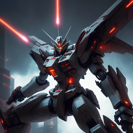AI generated: high ground angle shot, stormy skyscrappers on low ground, a angry screaming Gundam heavily armed, f...