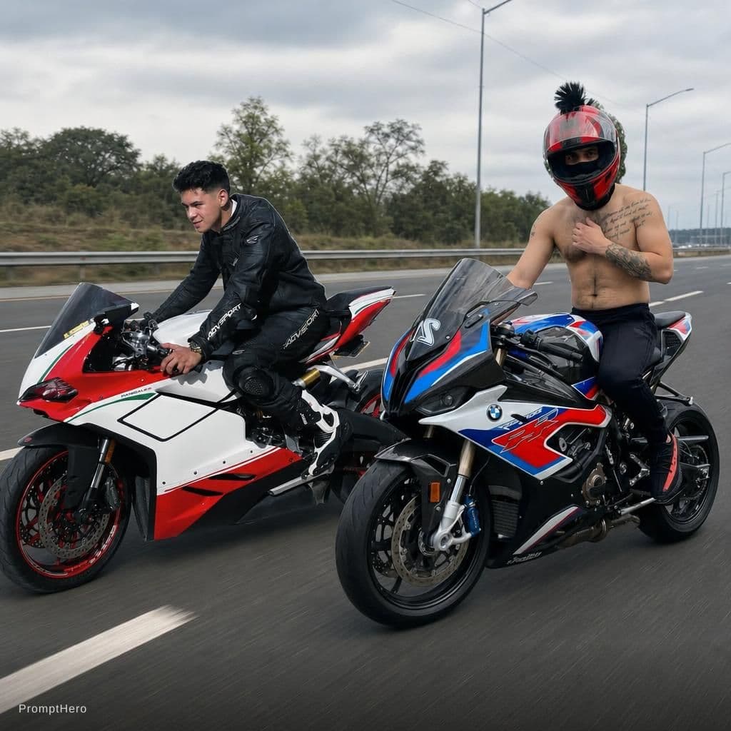 AI generated: Merge two bikers in highway road , real photo
