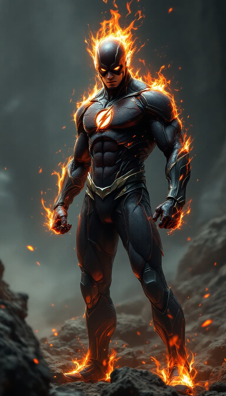 AI generated: Envision a fully body portrait of a flash gordon  of 1980  film super hero rising from the ashes, st...