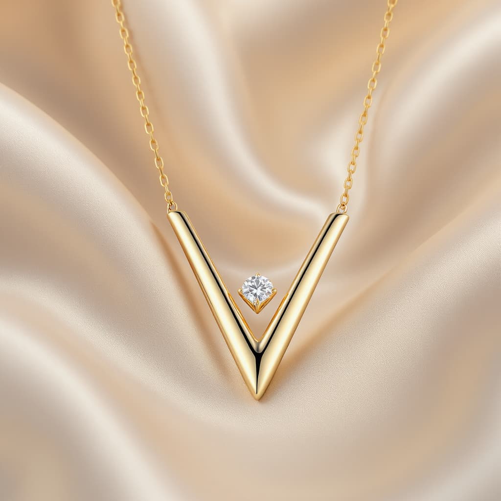 AI generated: Modern Italian luxury V-shape necklace in 18K yellow gold inspired by minimal high jewelry aesthetic...