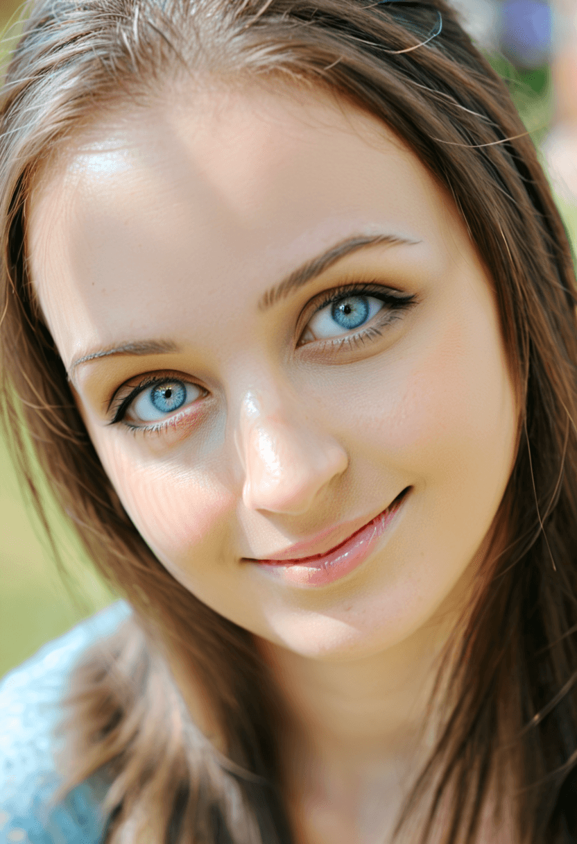 AI generated: This is a photograph of a woman with gorgeous light blue eyes staring at the viewer and smiling. The...