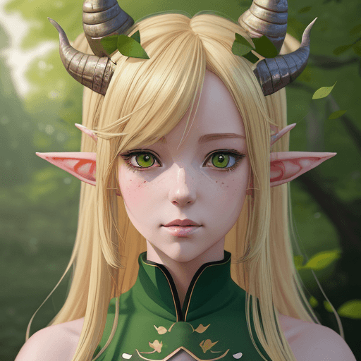 AI generated: blond haired girl with horns and green leaves on her head, detailed digital anime art, loish and wlo...