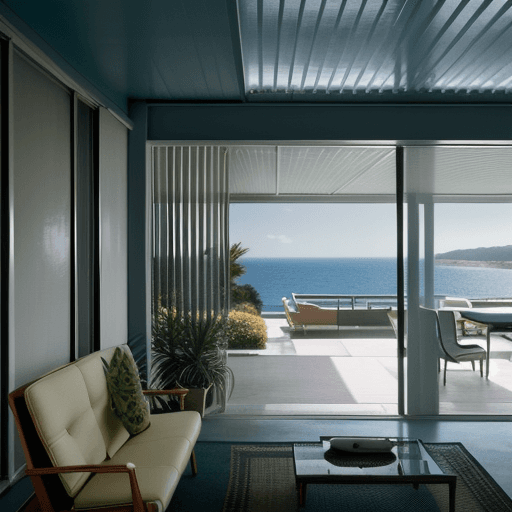 AI generated: Hyper realistic eye level exterior photo of a mid century modern style house overlooking the ocean, ...