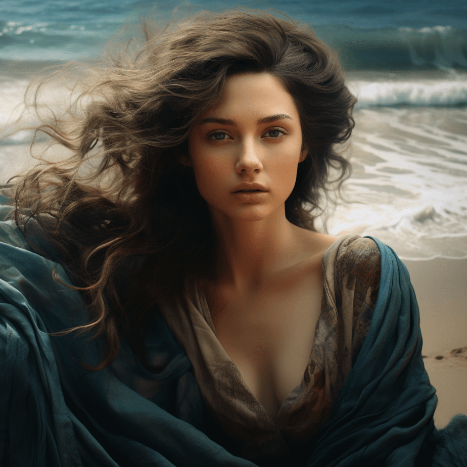 AI generated: beach behind the woman, in the style of texture-rich layers, renaissance-style, dark cyan and light ...