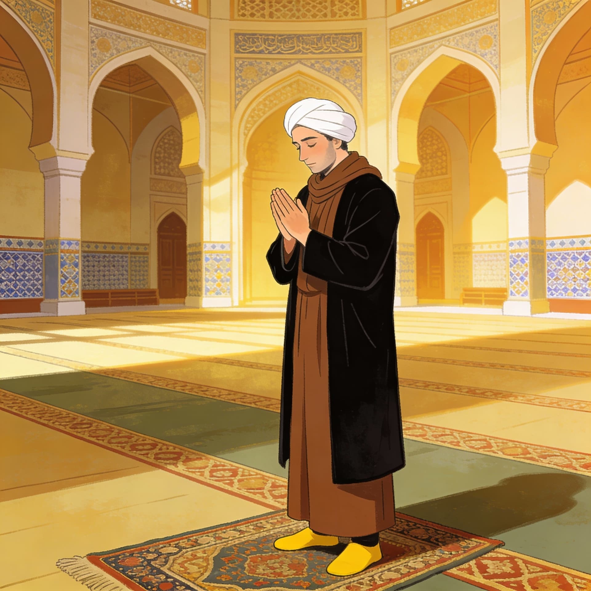 AI generated: این شخص رو بدون تغییر صورت و هیچ چیز چهره در کسوت روحانیت شیعه با عمامه سفید و قبای قهوه ای و عمامه ...