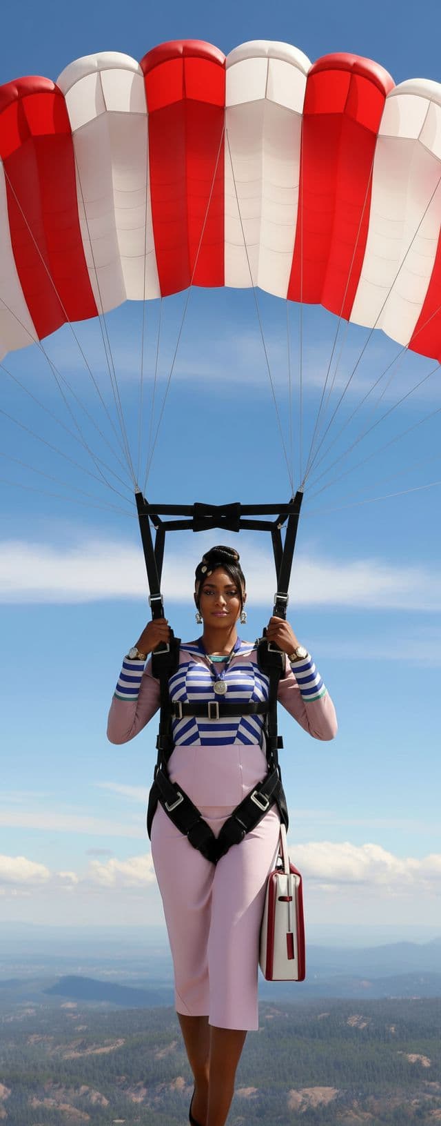 AI generated: woman wearing a extra large chute descending from the sky portraiture oreintation  