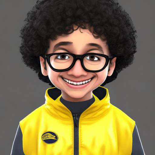 AI generated: a young boy in a Yellow protective clothing with a smile, Black medium perm hair, black round rimmed...