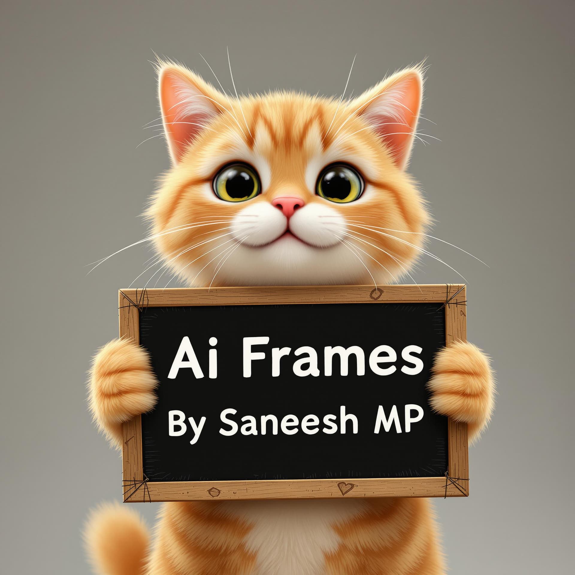 AI generated: realistic high quality photo of a cute cat holding a sign with text that reads : "Ai Frames By Sanee...