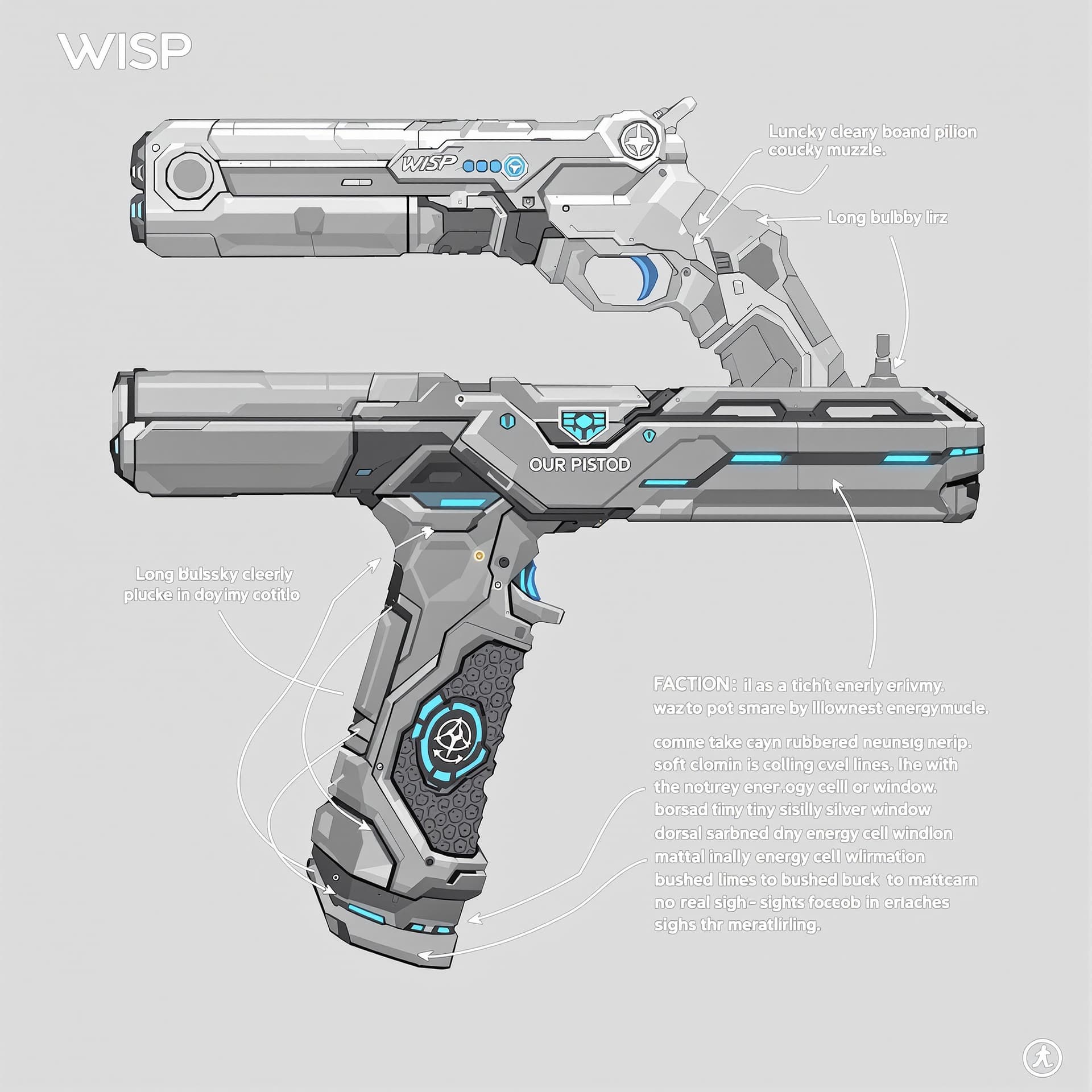 AI generated: Design a chunky, clearly fictional Wisp Pistol for Our’World: Long, bulky, broad muzzle, soft rubber...
