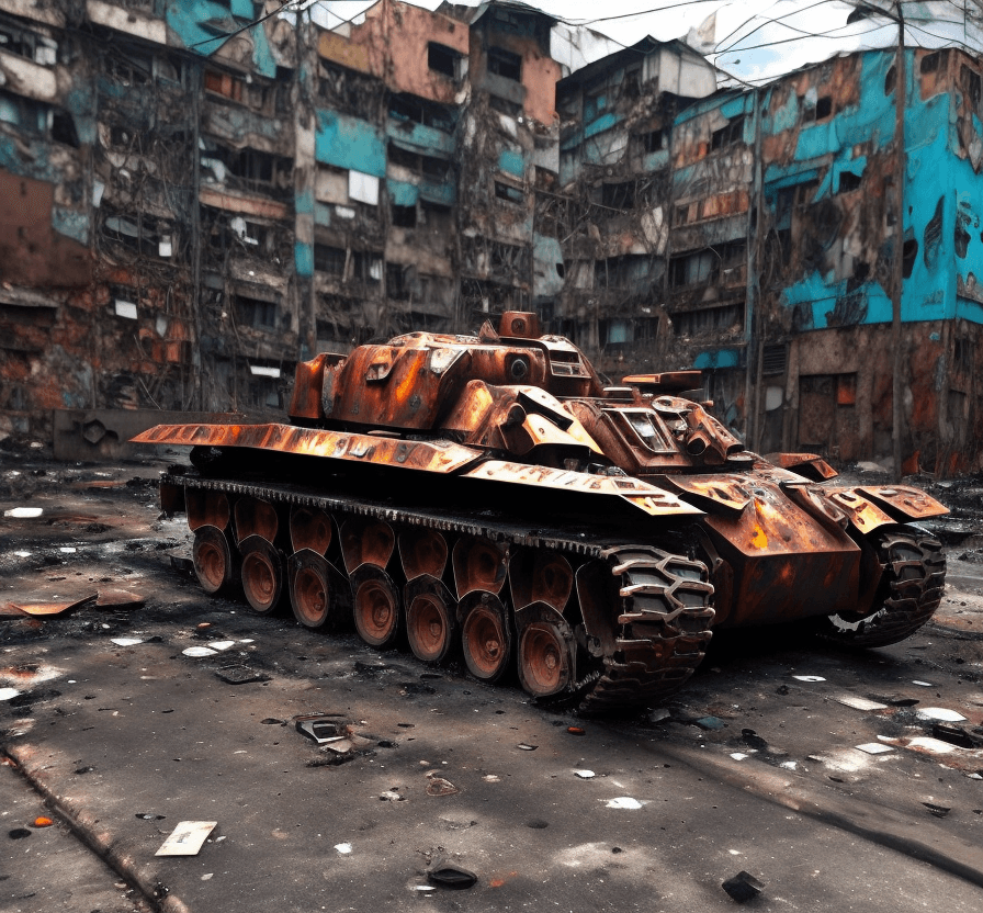 AI generated: a  lost  rusted camo big panzer  is dead. It is lying on its back on  the ground in the street in a ...