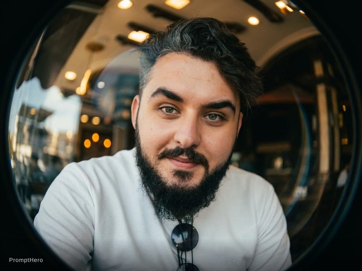 AI generated: "A close-up portrait of a young man, taken through a wide fisheye lens, curved distortion, reflectio...