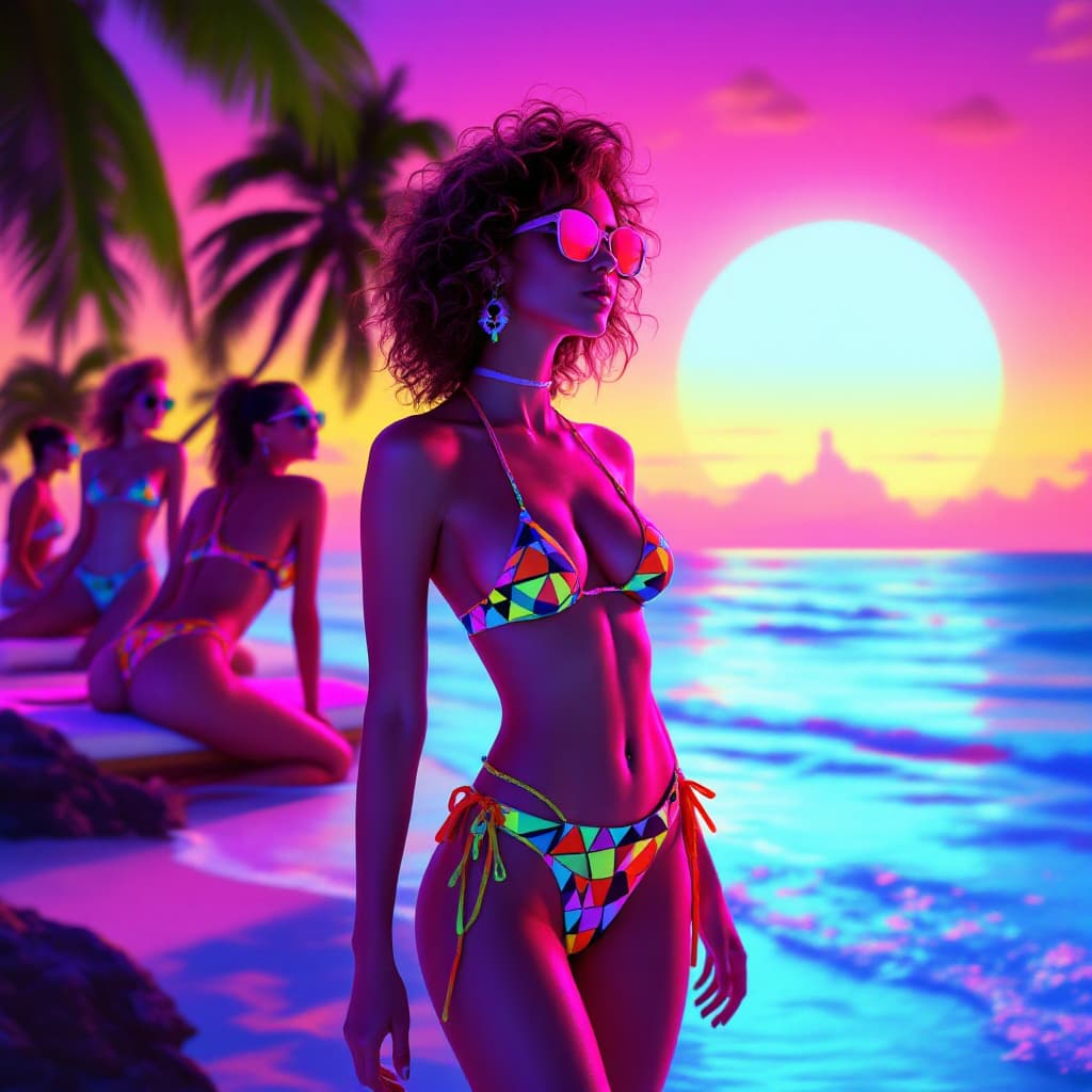 AI generated: A hyperrealistic, 1980s-inspired synthwave album cover art depicting a group of bikini-clad women on...