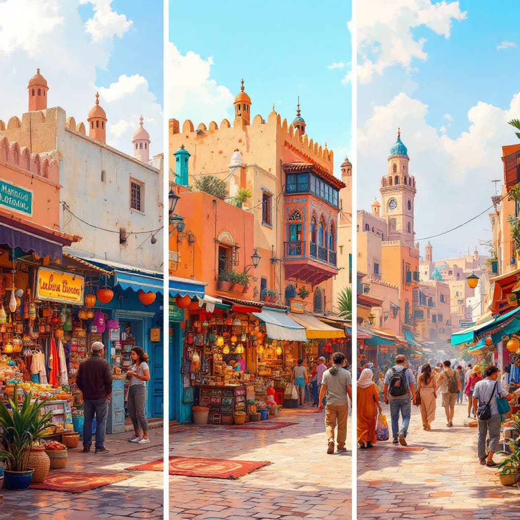 AI generated: Generate three different images with Bustling Moroccan market with vibrant stalls, rich colors, 4k r...