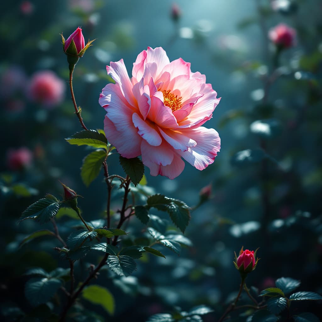 AI generated: wild rose, cinematic lighting
