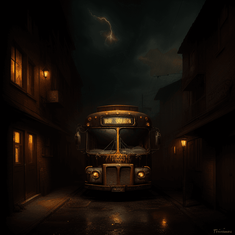 AI generated: bus parked in an alley, lightning night, mysterious, hyperrealism, steampunk style, burnt amber colo...