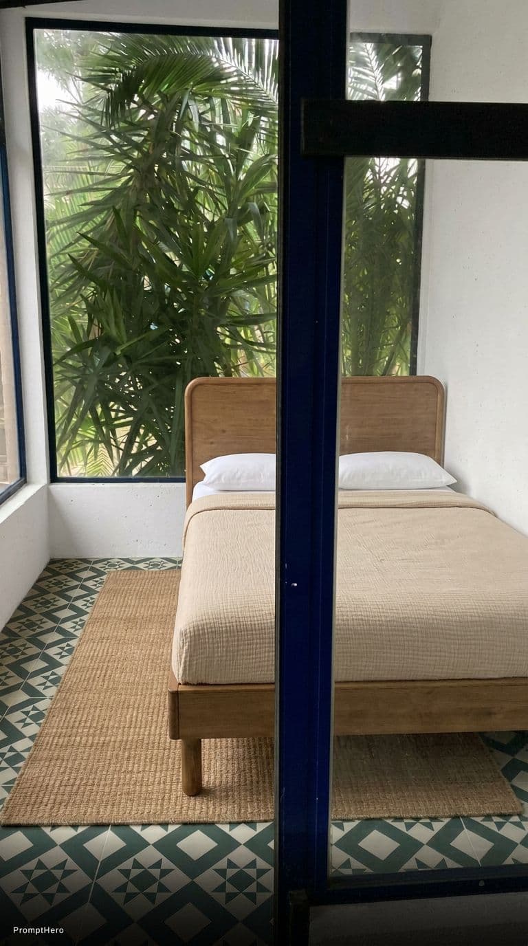 AI generated: add this bed on the right corner with the bed head touching the window. And the feet of the bed towa...
