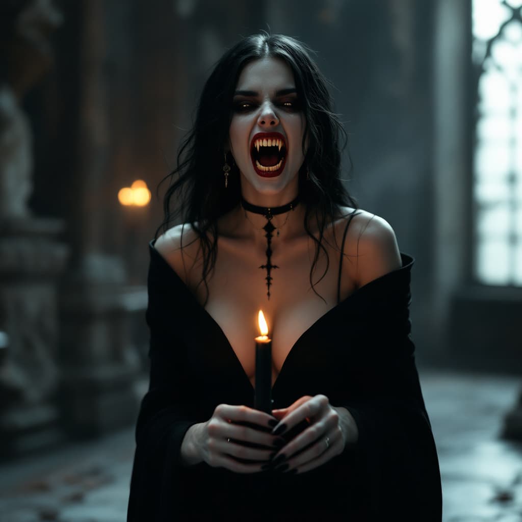 AI generated: female vampire, a vampire woman with enormously long incisors with her mouth open, revealing her fan...