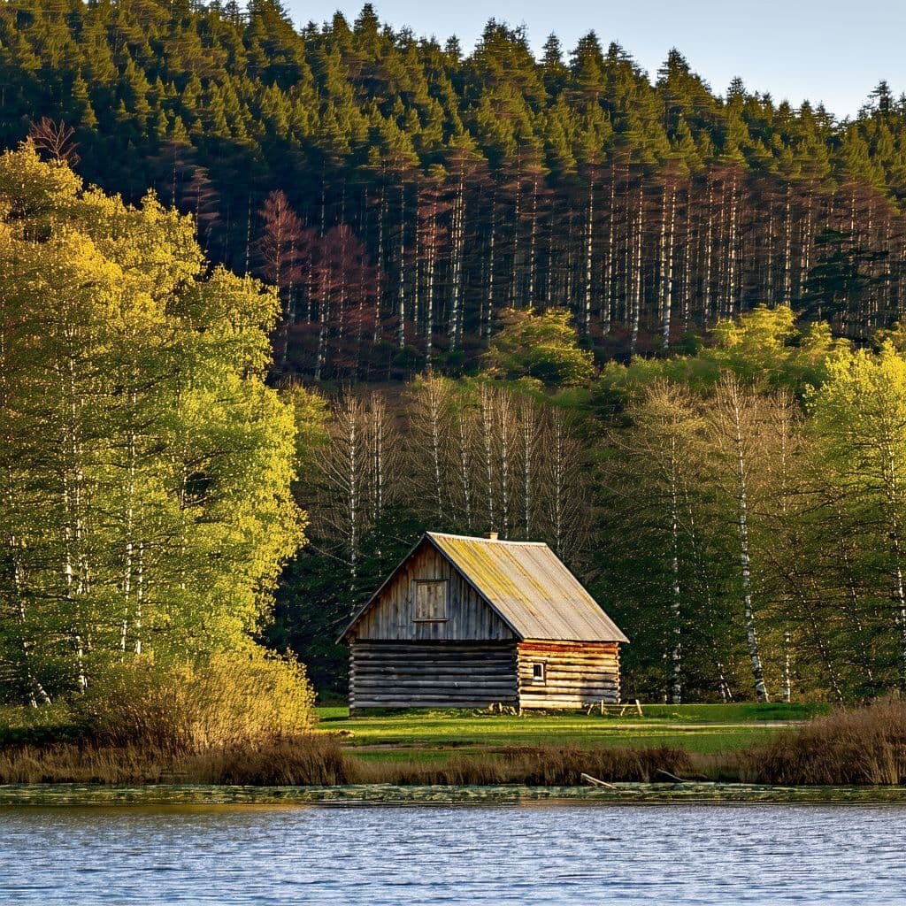 AI generated: hyper realistic eye level exterior photo of a wooden shack near a lake, on a autumn morning, house i...