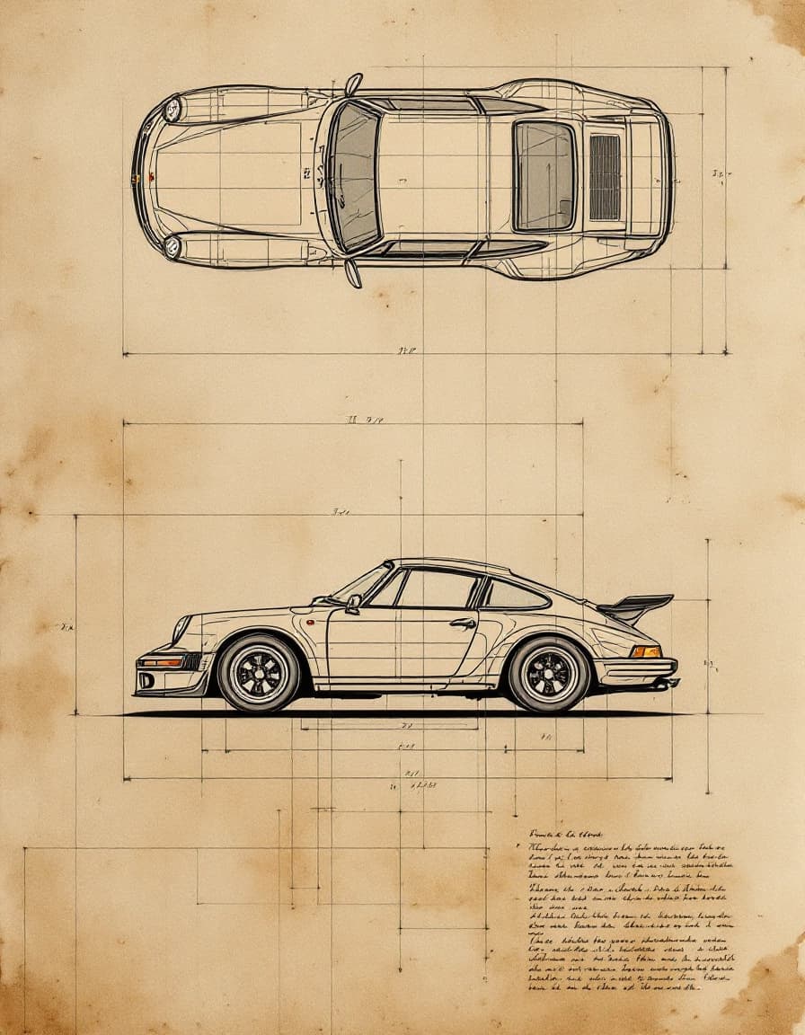 AI generated: Porsche 911 GT3 technical draw, like vintage drawings on old paper. in the same paper, we got the up...